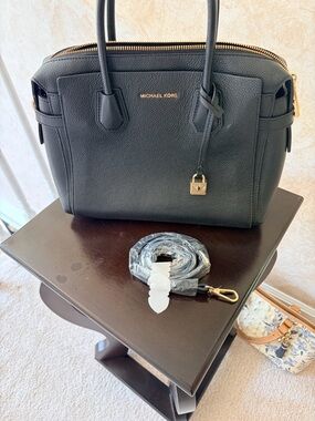 Michael Kors Black Pebbled Leather Satchel with Gold Hardware